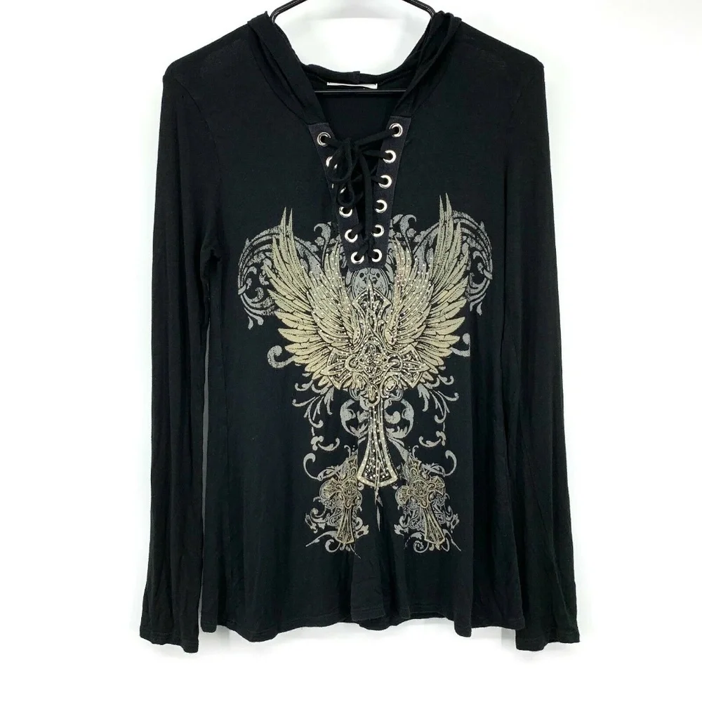 23 Love Street Top Womens Small Black Hooded Rhinestone Lace Up Long Sleeve